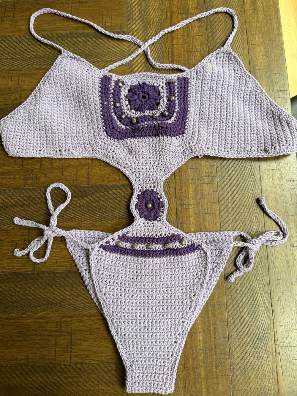 Handmade Crochet One-Piece Swimsuit Bodysuit Lilac Floral Boho Festival ‎ XS/S